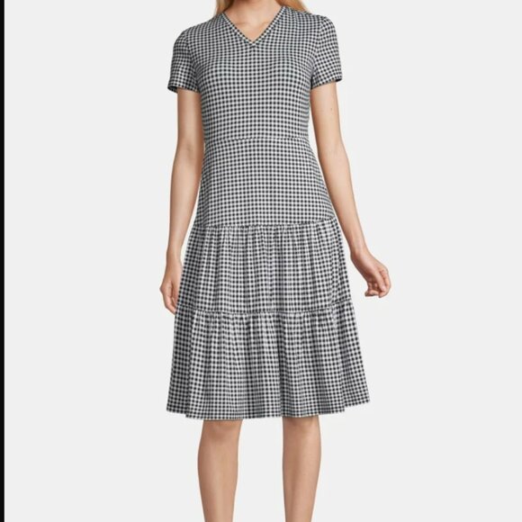 Lands' End Dresses & Skirts - Lands End Dress Black White Gingham Check Tiered V-Neck Jersey Knit Size Small